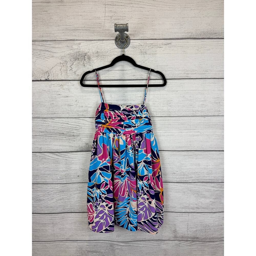 L Love Women's Blue Pink Leaf Summer Printed Sleeveless Mini Dress Size Small